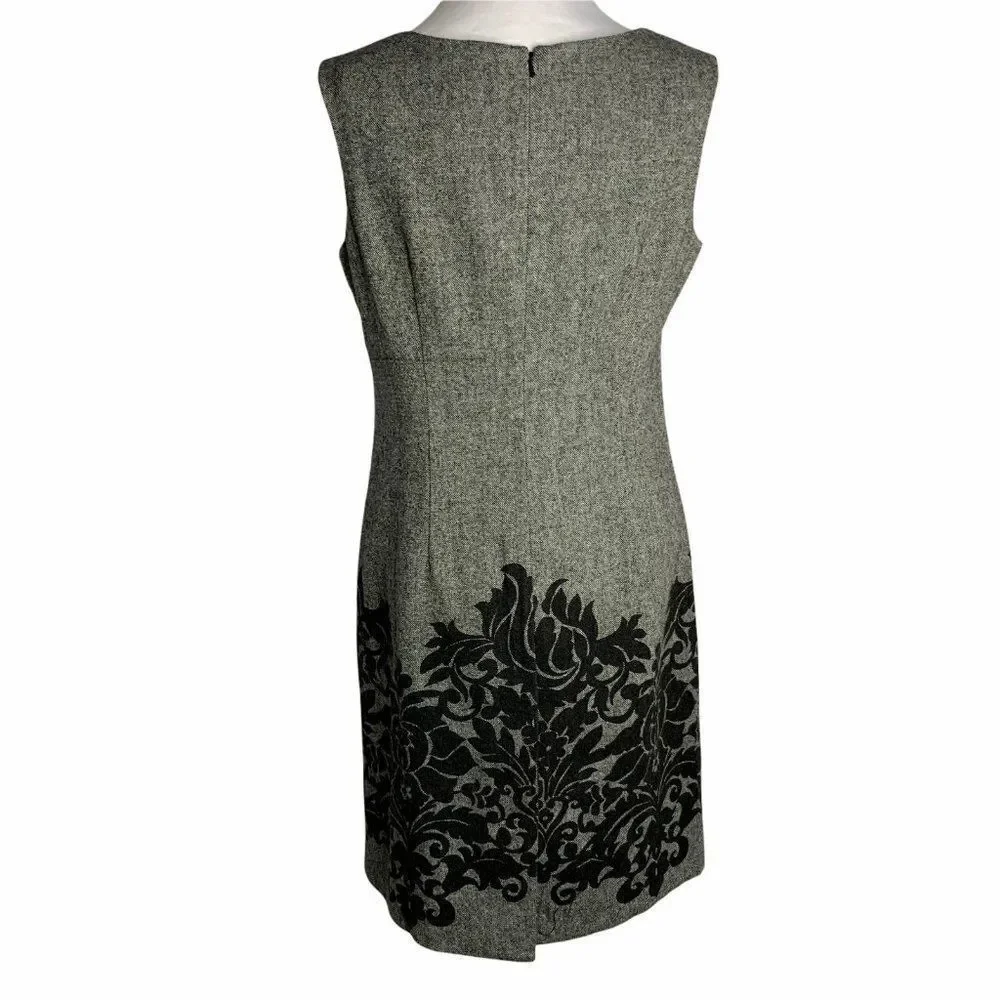 Vintage Wool Blend Sheath Dress 12 Black Floral Sleeveless Knee Length